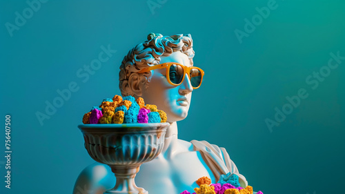 Escultura clásica griega con gafas de sol sostiene un bol de cereales azucarados coloridos sobre fondo azul y perspectiva lateral photo