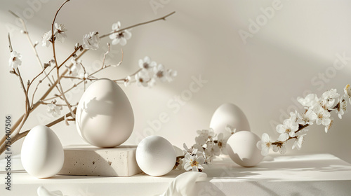 Easter Photo with white eggs on white background with branches and flowers. Photo for advertising and holiday