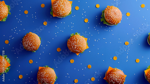 Composición creativa de hamburguesas generando un patrón sobre fondo azul con decoración naranja