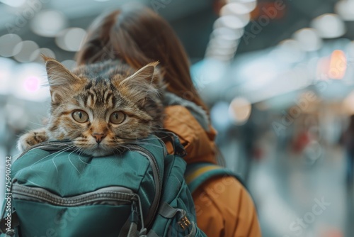 Woman and cat have a trip in vacation day with backpacker at airport © itchaznong