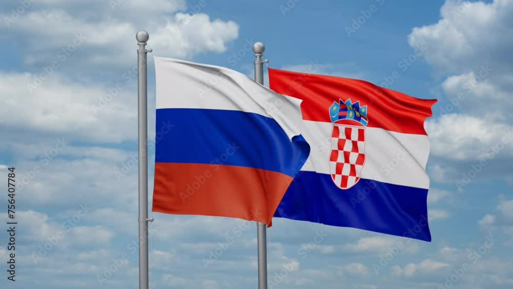 Croatia and Russia two flags waving together, looped video, two country cooperation concept Croatia and Russia two flags waving together, looped video, two country cooperation concept