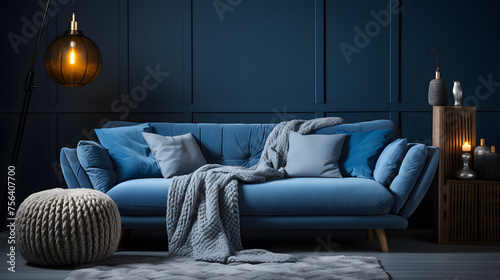 A huge living room's accent lounge. blue and yellow hues. Dark blue wall that is empty and a bright yellow sofa with mustard undertones. a mockup of a contemporary interior. modern interior design 