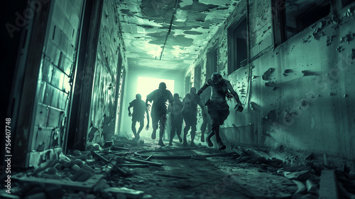 Zombies Running in Dark Hallway and Abandoned Basement in a Post Apocalyptic with dark view © Ummeya