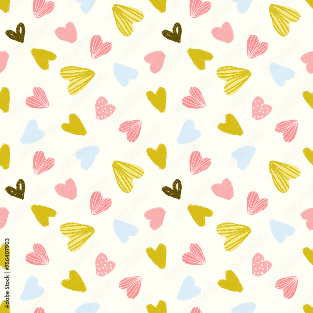 Seamless pattern with colored hearts in retro fusion on a beige background. Pattern with pink and green hearts with texture for fabric print and obier paper for kids.