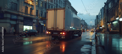 A logistics company truck driving through the city