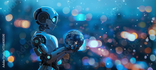 a futuristic robot holds the planet earth in its grip, symbolizing the arrival of a new digital era