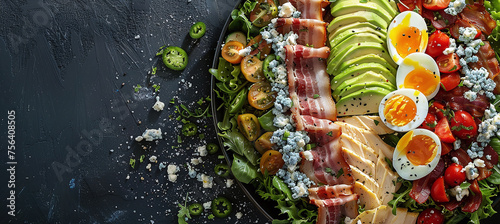 A hearty Cobb salad with rows of bacon, eggs, avocado, chicken and blue cheese crumbles. photo