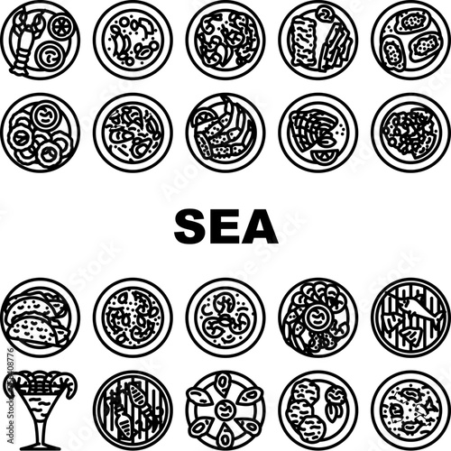 sea cuisine fish cook icons set vector. squid bbq, greek dish, restaurant frozen, culinary luxury, salmon oil plate sea cuisine fish cook black contour illustrations