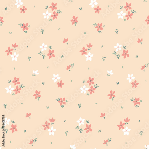 Seamless floral pattern, cute liberty ditsy print of mini plants. Pretty botanical wallpaper, textile design, simple ornament: small daisy flowers, leaves on a pink background. Vector illustration.
