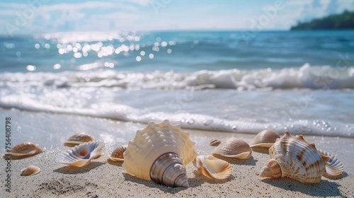 Seashells on sandy shore, symbolizing beach holidays, relaxation, and sea exploration.