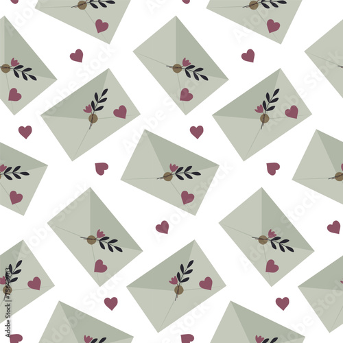 Seamless pattern with envelope with flowers and hearts. Love message, confession of feelings, background