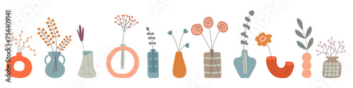 Set of boho stylized hand drawn flowers in a vases on a white background. Elements for logo, business card, booklet