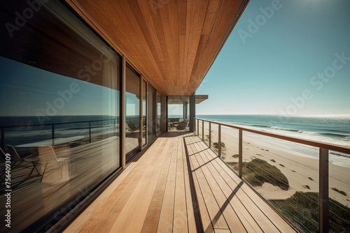 Modern wooden architecture meets nature’s beauty on a sandy beach, under the enchanting evening sun.  © Edik