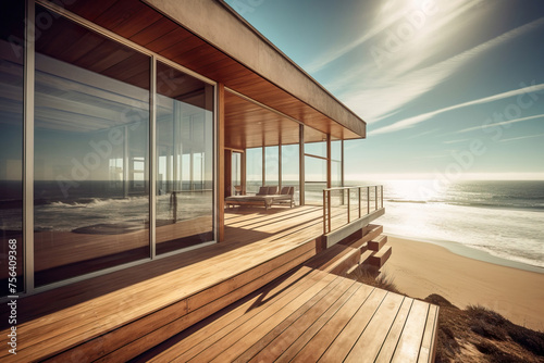 Modern wooden architecture meets nature’s beauty on a sandy beach, under the enchanting evening sun. 