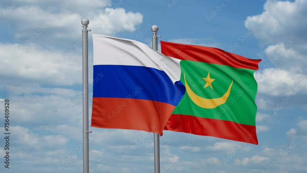 Mauritania and Russia two flags waving together, looped video, two country cooperation concept