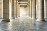 The image is of a large, empty room with white pillars and a marble floor