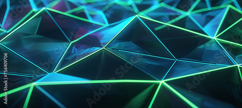3D rendering Abstract background with blue and green glowing lines on dark geometric shapes in a grid pattern, global network concept.