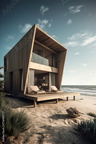 Modern wooden architecture meets nature   s beauty on a sandy beach  under the enchanting evening sun. 