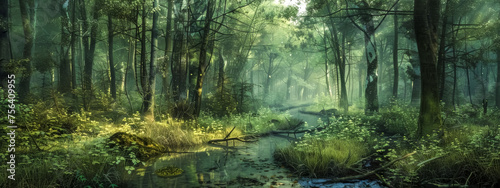 Mystical forest panorama in misty morning light