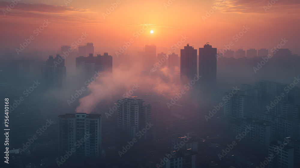 city skyline shrouded in dense smog or haze at sunset elevated view