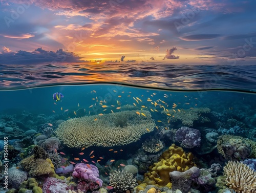 Split-view seascape capturing vibrant marine life below and a stunning sunset above.