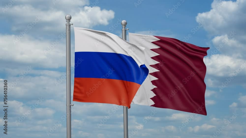 Qatar and Russia two flags waving together, looped video, two country cooperation concept Qatar and Russia two flags waving together, looped video, two country cooperation concept