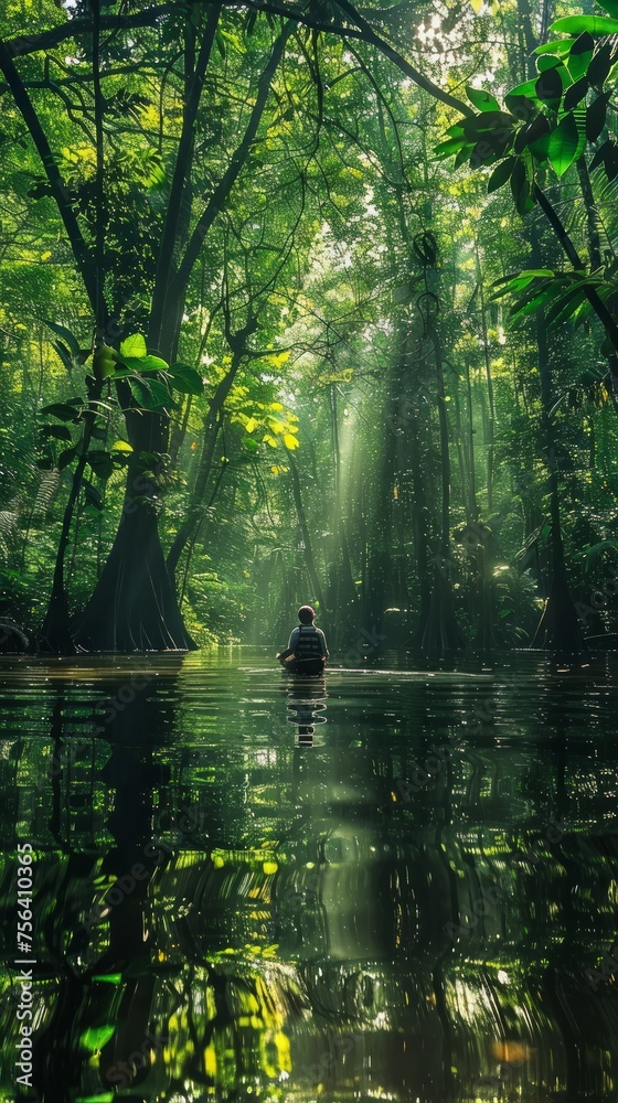 A man is sitting in a river surrounded by trees