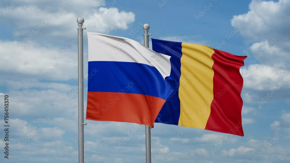 Romania and Russia two flags waving together, looped video, two country cooperation concept Romania and Russia two flags waving together, looped video, two country cooperation concept