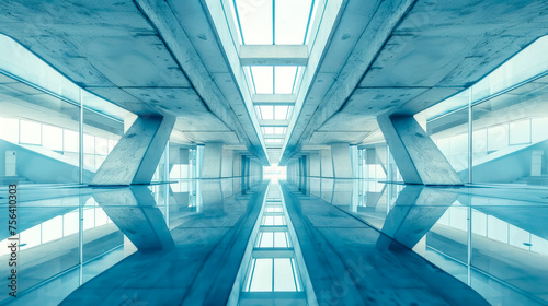 Symmetrical view of a modern architectural corridor with a cool blue tone