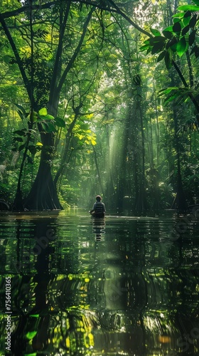 A man is sitting in a river surrounded by trees