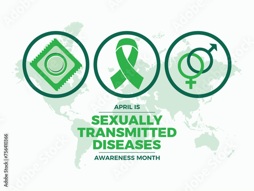 April is Sexually Transmitted Diseases (STD) Awareness Month poster vector illustration. Green awareness ribbon icon vector. Template for background, banner, card, poster. Important day