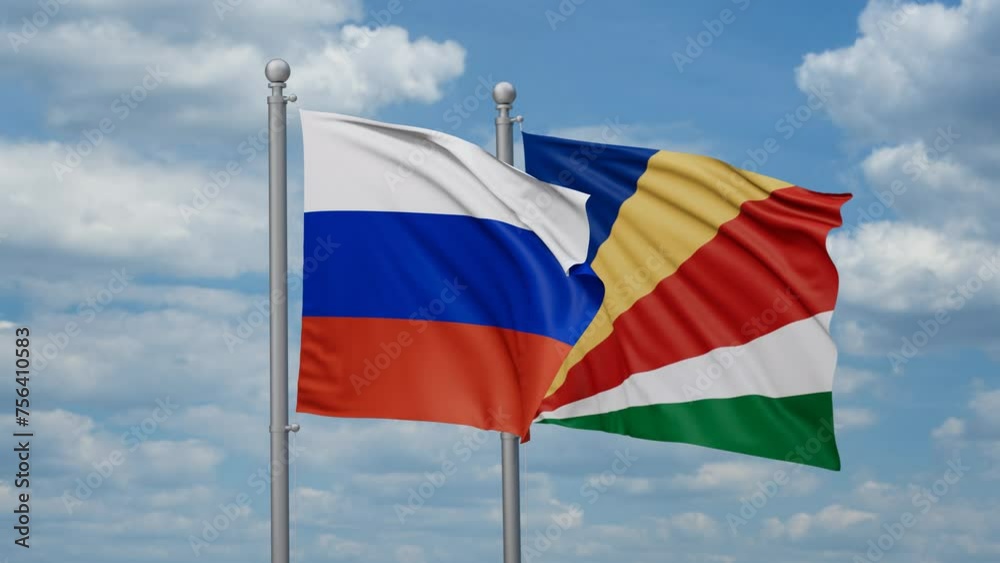 Seychelles and Russia two flags waving together, looped video, two country cooperation concept Seychelles and Russia two flags waving together, looped video, two country cooperation concept