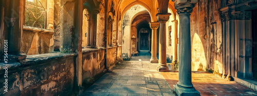 Enchanting sunlit cloister in european monastery