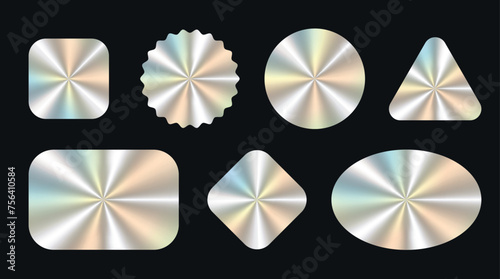 Set of color holographic sticker templates, label with holographic effect. Shiny rainbow emblems in different shapes. Vector illustration EPS10