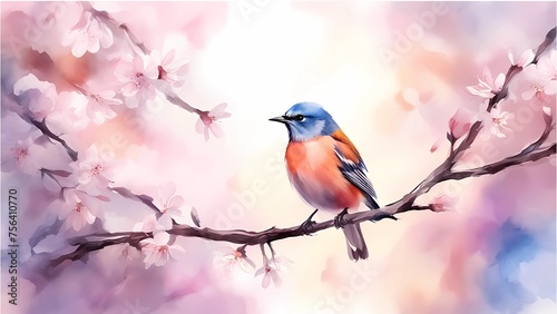 Landscape illustration with birds in watercolor style. Abstract watercolor painting of a cute little bird sitting alone on a branch of a flowering tree. Generative AI © Karen