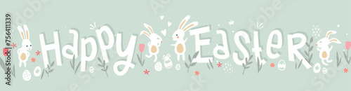 Cute hand drawn Easter design with bunnies, flowers, easter eggs, beautiful background, great for Easter Cards, banner, wallpapers