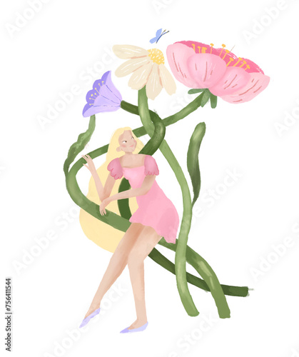 Girl with flowers on transparent background, Printable greeting card. Perfect for greeting cards, invitations, banners, posters, textile, covers.  © maria