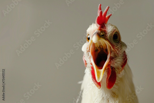 beautiful white chicken standing up with its mouth open photo