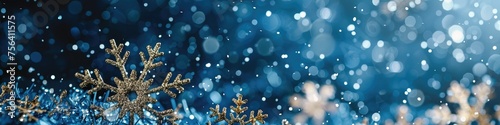 Glittering snowflakes delicately suspended in mid-air sparkle against a midnight blue backdrop, creating a magical winter wonderland with room for your words.