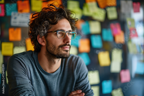 Portrait of a man in glasses in front of a wall covered with colored post-it notes. A slide background for showcasing the brainstorming process. Created with Generative AI technology.