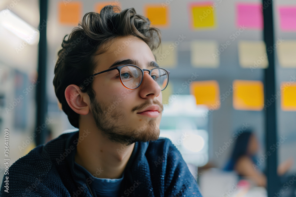 Fototapeta premium Portrait of a man in glasses in front of a wall covered with colored post-it notes. A slide background for showcasing the brainstorming process. Created with Generative AI technology.