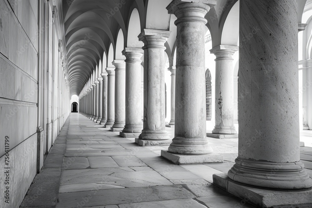 Row of column in colonnade. Perspective view of long arc vault corridor. Black and white image