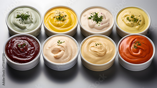 set of bowls with sauce isolated on a white background