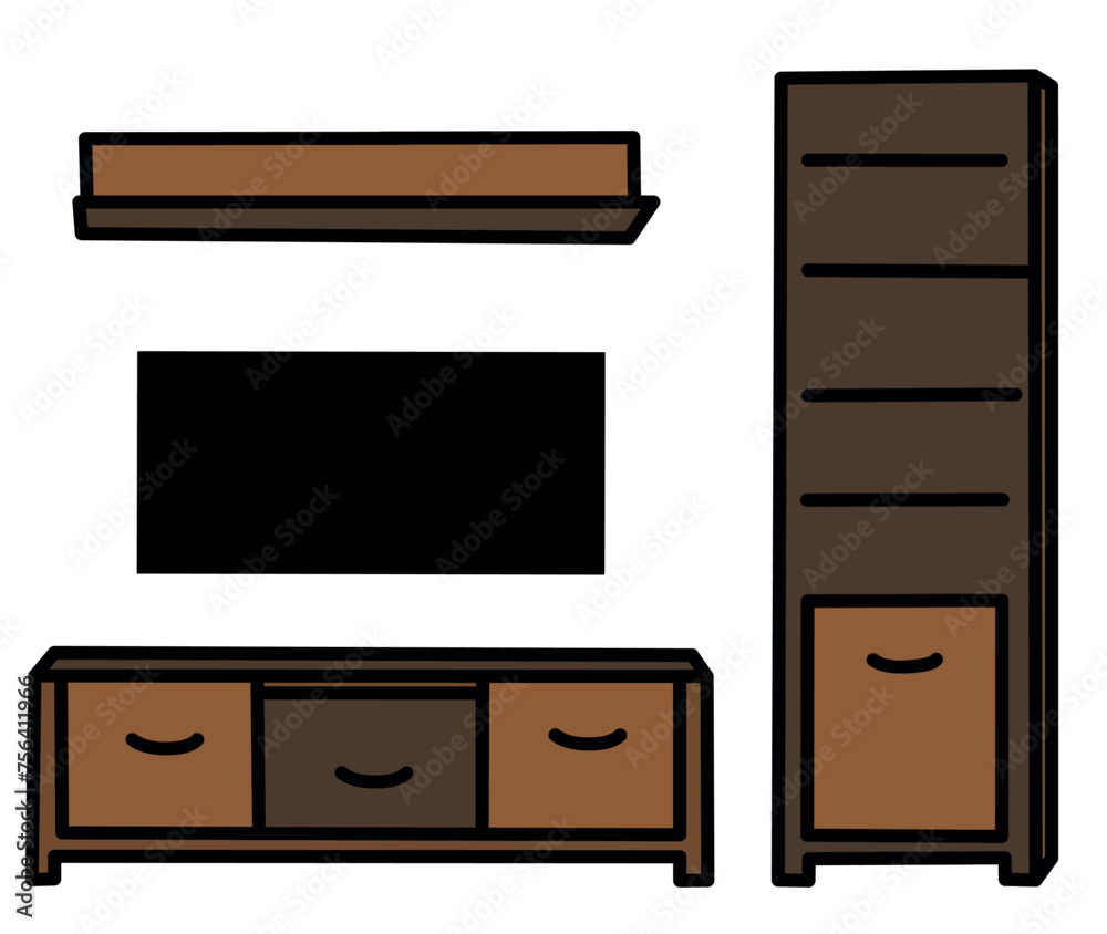 Simple handdrawn vector illustrations set: furniture icons collection - livingroom set, wardrobe