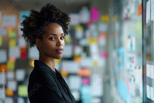 Portrait of a woman in front of a wall covered with colored post-it notes. A slide background for showcasing the brainstorming process. Created with Generative AI technology.