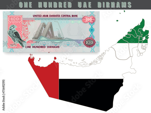 Realistic UAE dirham vector. Paper money 100 AED, isolated of the UAE map. Vector illustration.