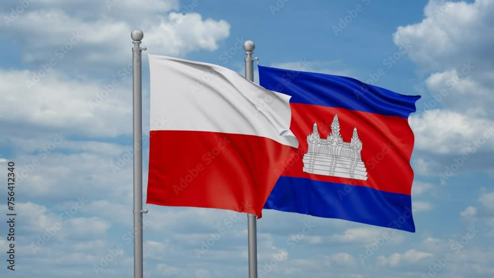 Cambodia and Poland two flags waving together, looped video, two country relations concept Cambodia and Poland two flags waving together, looped video, two country relations concept