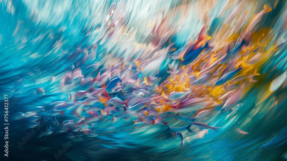 Colorful blurred motion of a school of fish underwater. - obrazy, fototapety, plakaty 