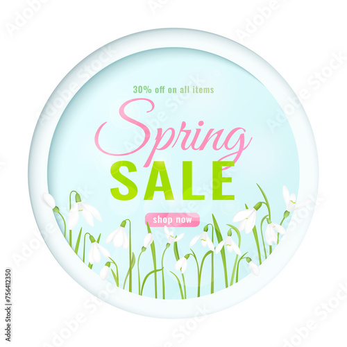 Spring sale banner, special seasonal offer. Spring flowers in a round frame in paper-cut style. Vector illustration.