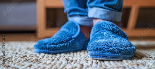 Man in soft blue slippers at home